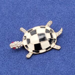 Vintage Rhinestone Turtle Brooch Pin Black White Enamel Check
